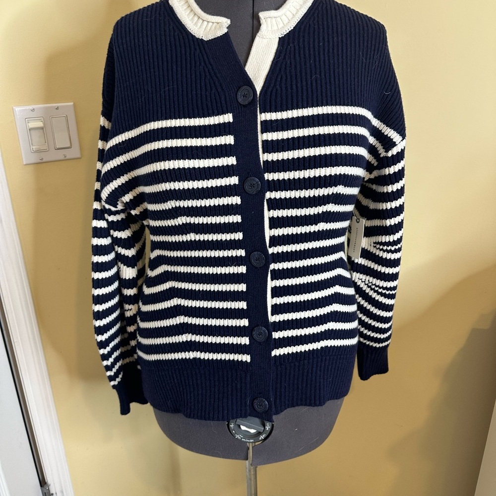 NWT Anthropologie Maeve blouson sleeve button up cardigan navy and white - Picture 7 of 17